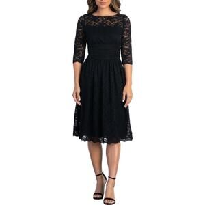 Kiyonna Luna Black Lace 3/4 Sleeve Midi Cocktail Evening Dress Plus Size 1X